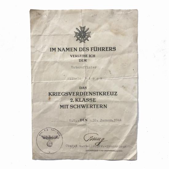 WW2 German Certificate -  War Merit Cross with Swords