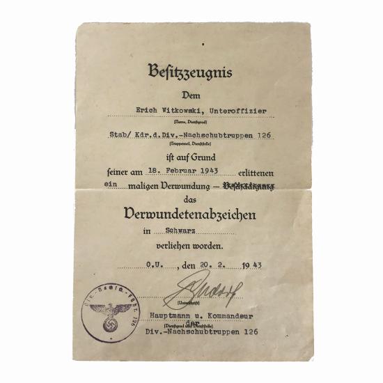 WW2 German Wound Badge Certificate - Black